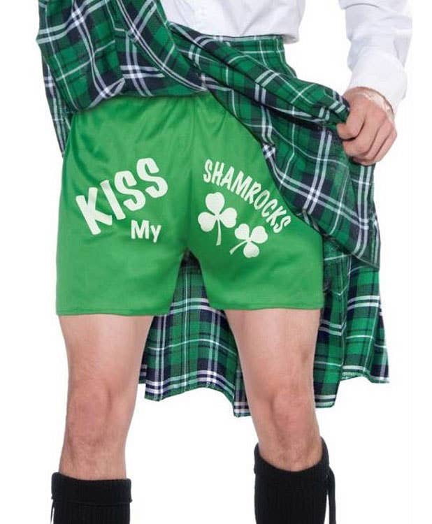 Men's Green Tartan Naughty 'Kiss Me' Kilt and Shorts Costume Set - Boxers Image