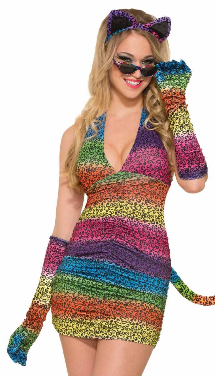 Image of Long Velvet Rainbow Leopard Print Gloves