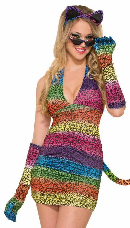 Image of Long Velvet Rainbow Leopard Print Gloves