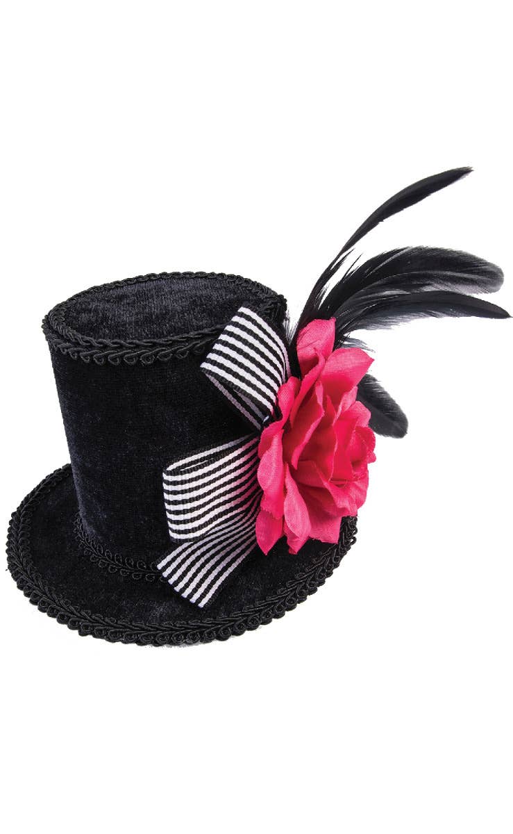 Mini Black Velvet Top Hat with Feathers and  Pink Rose Main Image
