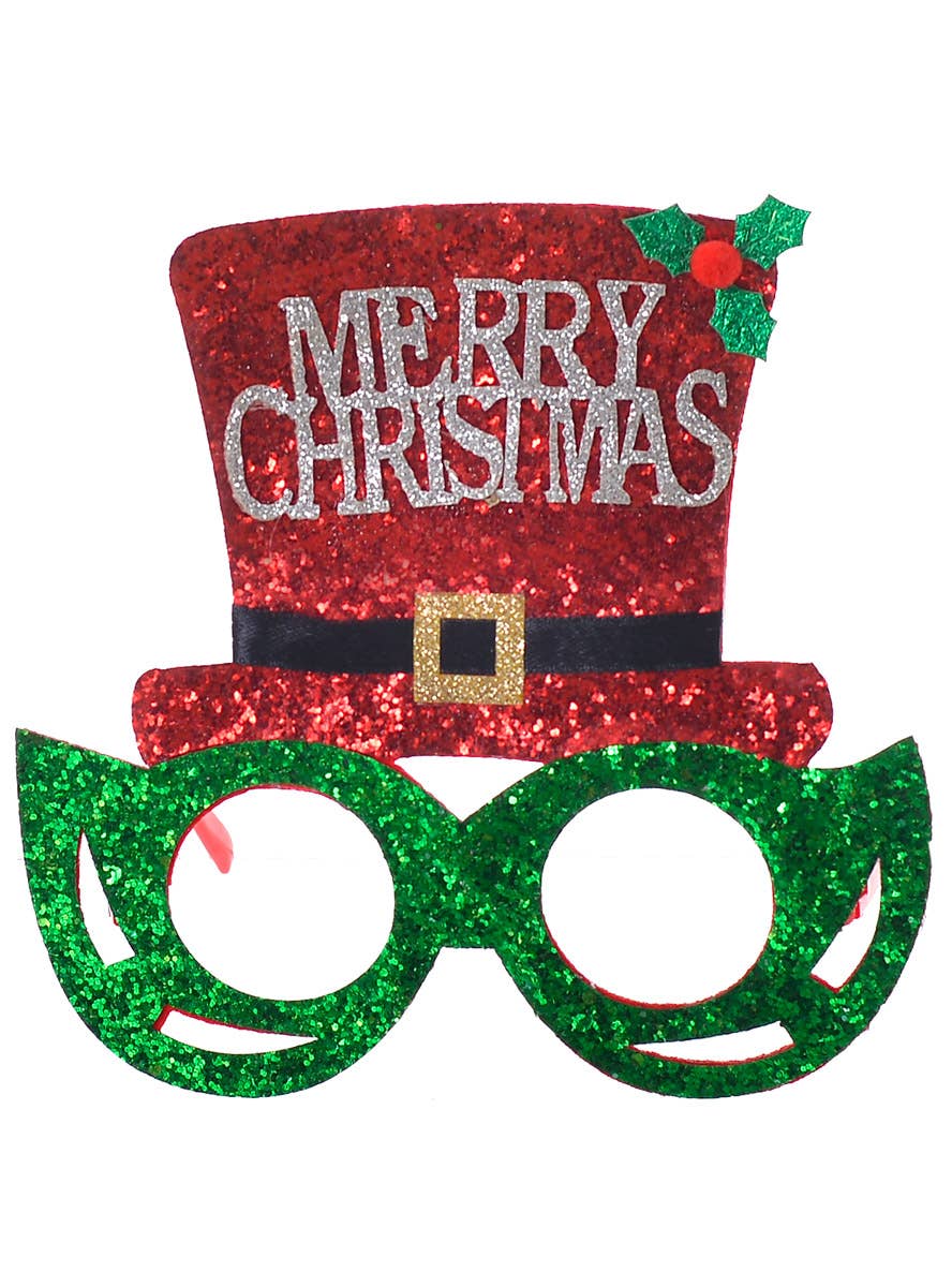 Red and Green Glitter Christmas Hat on Sunglasses Accessory