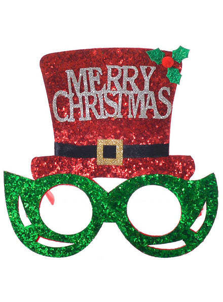 Red and Green Glitter Christmas Hat on Sunglasses Accessory