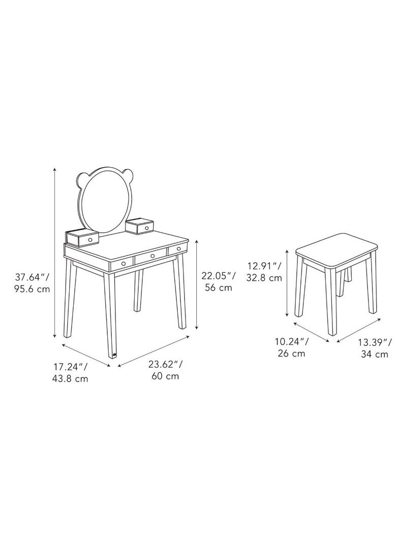 Forest White Wooden Dressing Table And Stool For Girls - Dimensions Image