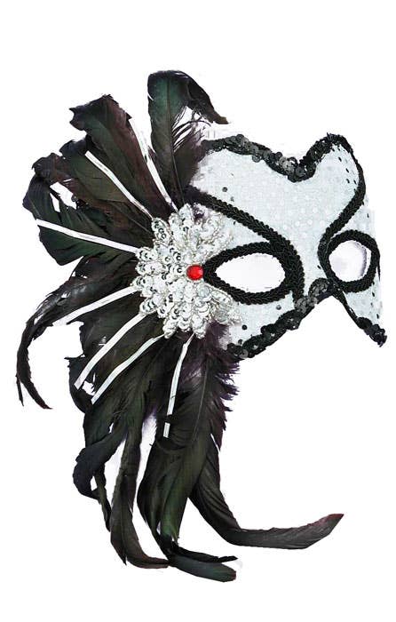 Silver Sequin Masquerade Mask With Black Trim and Large Side Feathers View 1