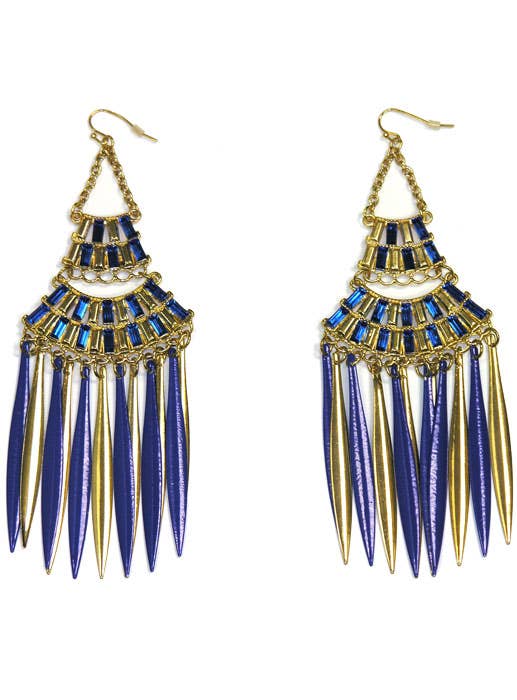 Deluxe Blue and Gold Egyptian Chandelier Costume Earrings for Pierced Ears - Main View