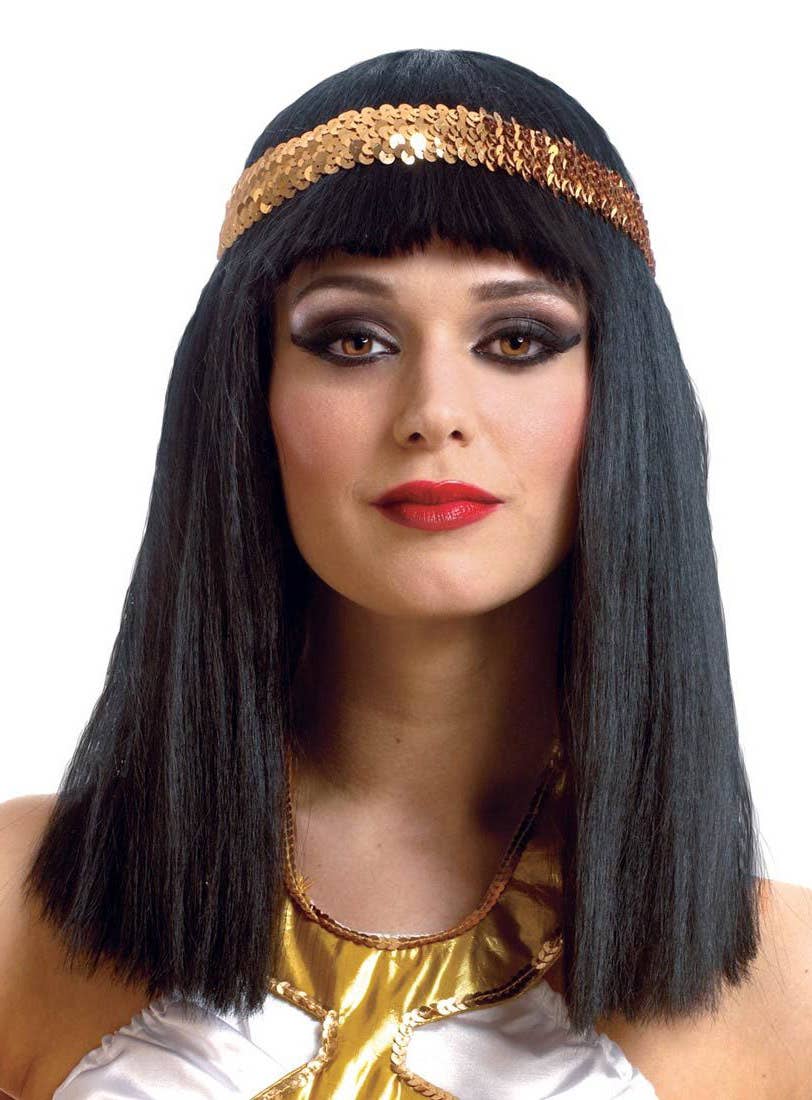 Long Black Cleopatra Costume Wig For Women With Gold Sequined Headband