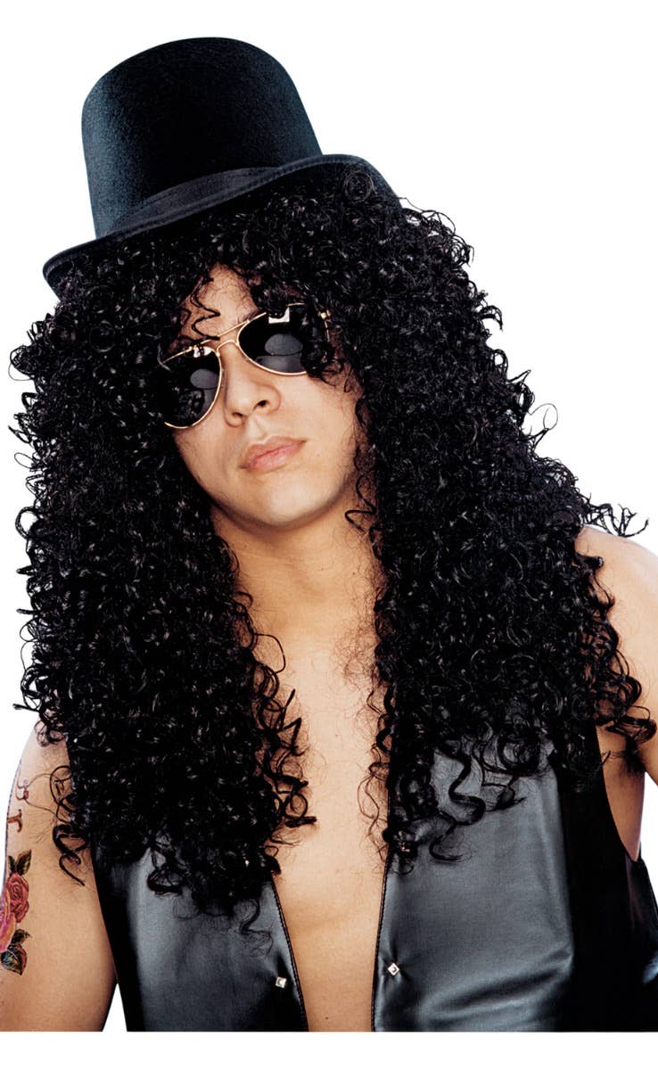 Men's Slash Deluxe Curly Black Rock Star Costume Wig Main Image