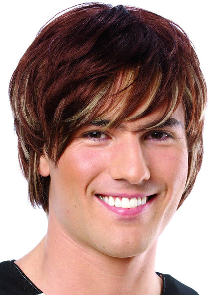 Men's Short Brown Heartthrob Costume Wig With Blonde Streaks Main Image
