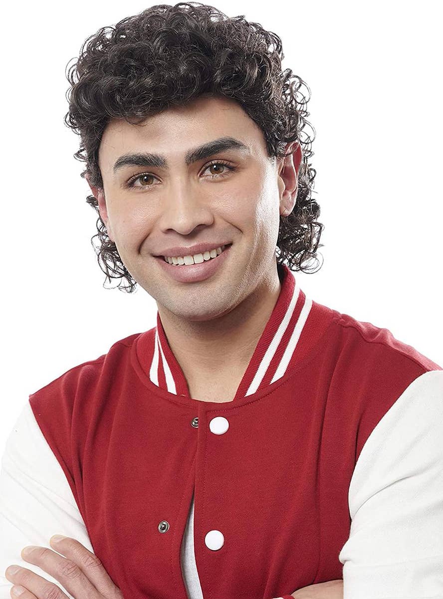 Mens Curly Brown High School Jock Mullet Wig