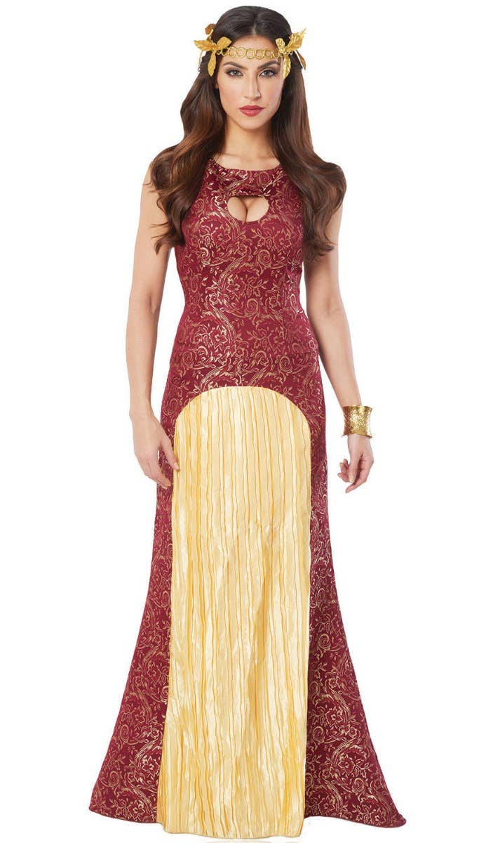 Women's Deep Red and Gold Medieval Noble Lady Fancy Dress Costume Main Image