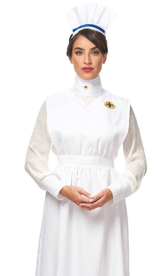 Women's Long White Vintage 1800's Nurse Uniform Fancy Dress Costume Close Image