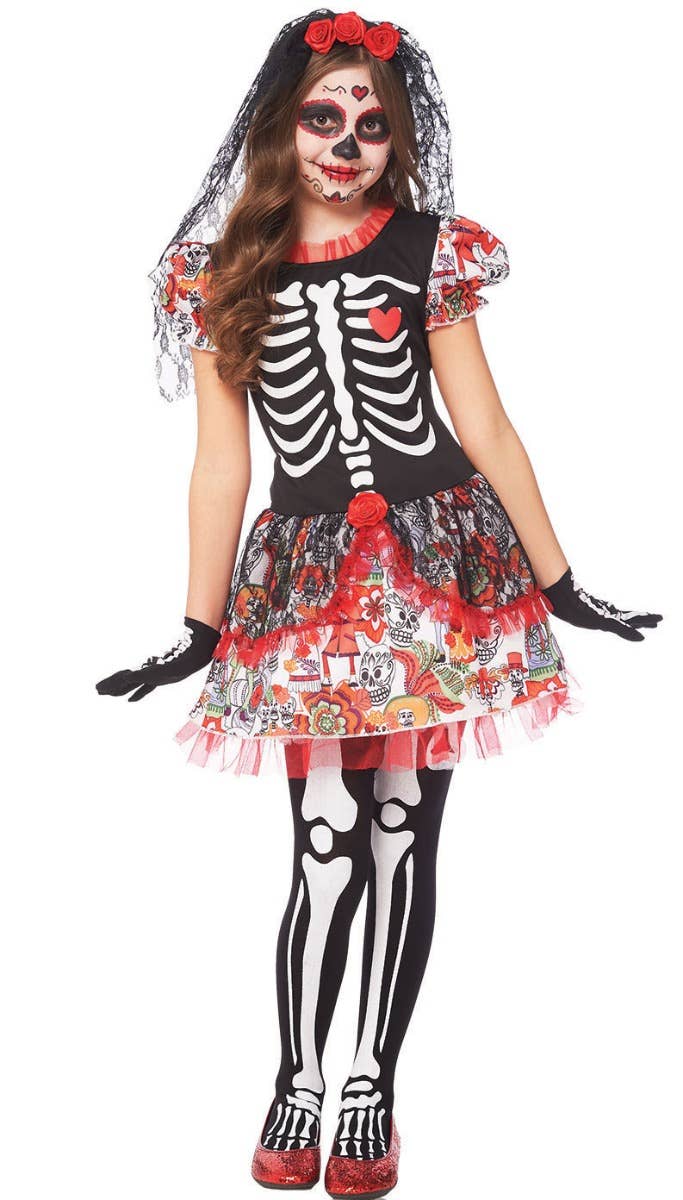 Girls Mexican Sugar Skull Day of the Dead Halloween Costume - Main Image