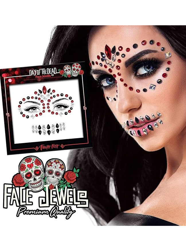 Fright Fest Sugar Skull Red Black and Silver Day of the Dead Face Jewels - Alternative Image