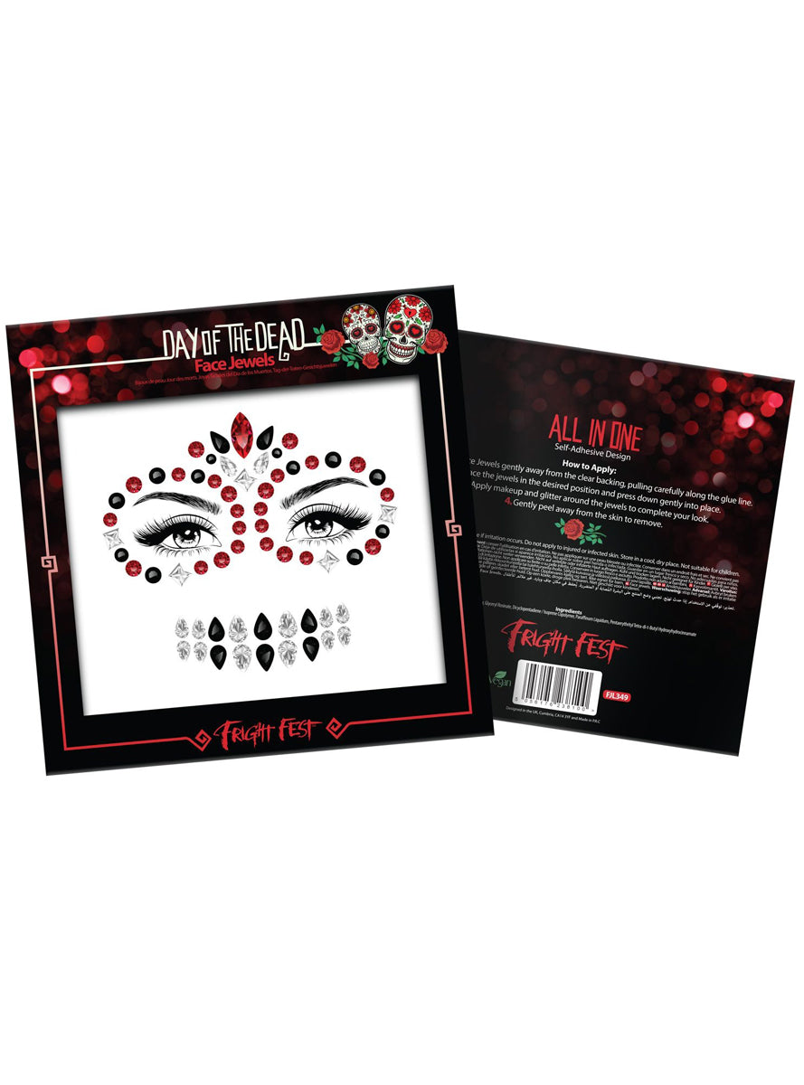 Fright Fest Sugar Skull Red Black and Silver Day of the Dead Face Jewels - Main Image