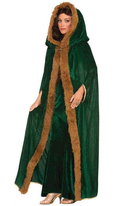 Long Green Velvet Medieval Costume Cape with Brown Faux Fur Trim - Main View