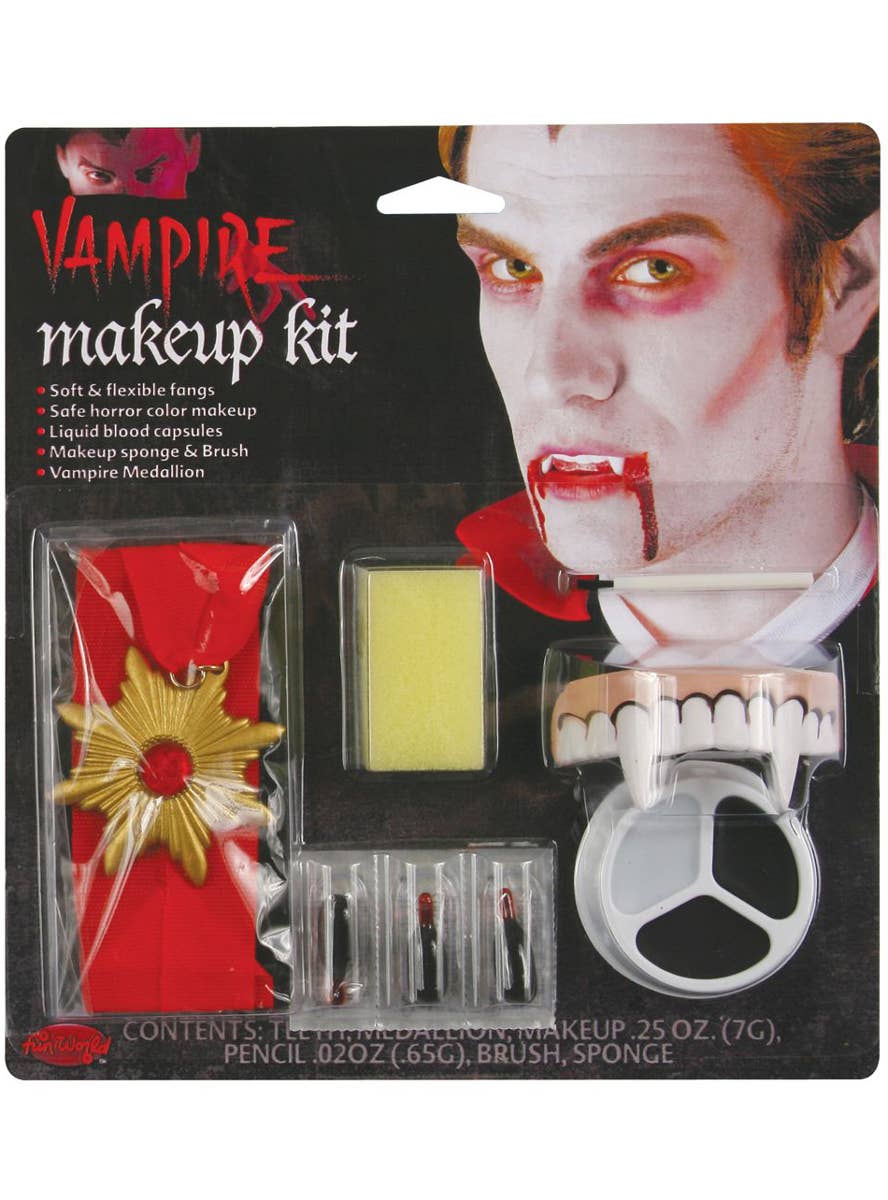Vampire Costume Makeup Kit with Fangs, Blood Capsules and Medallion Necklace