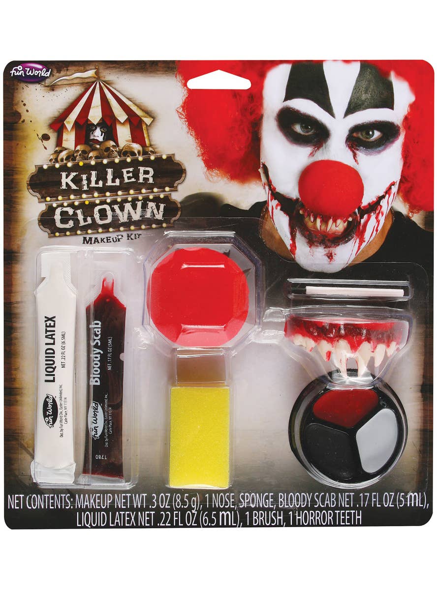 Killer Clown Costume Makeup Kit with False Teeth, Red Nose, Liquid Latex and SFX Blood