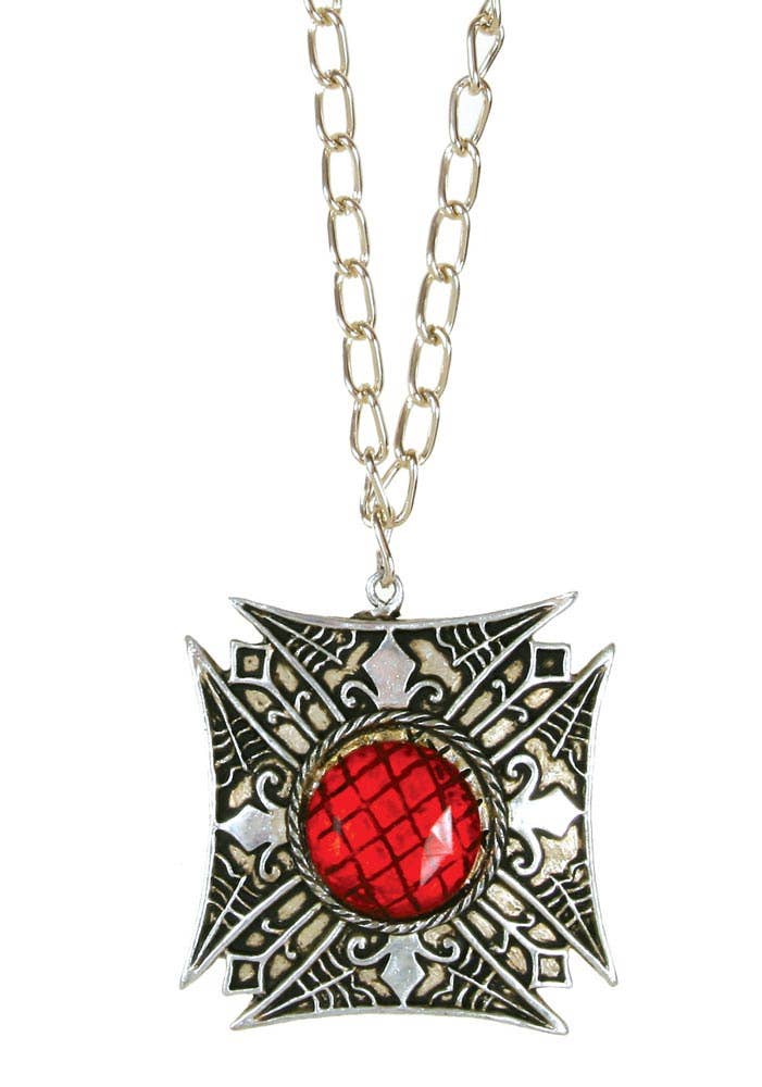 Silver Vampire Medallion with Red Faux Jewel Costume Necklace - Main View