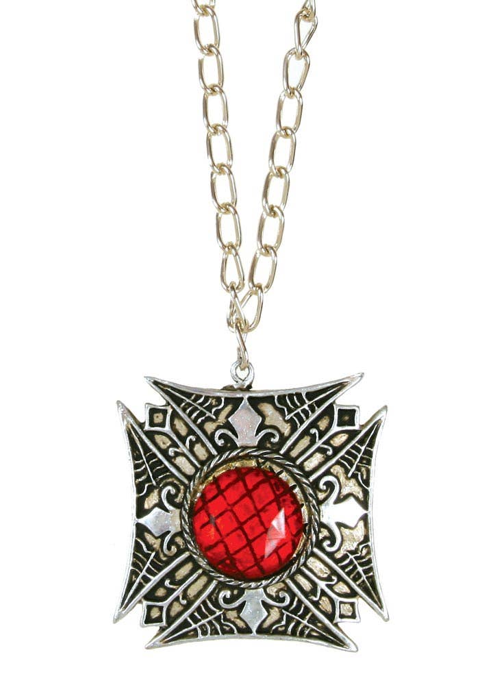 Silver Vampire Medallion with Red Faux Jewel Costume Necklace - Main View