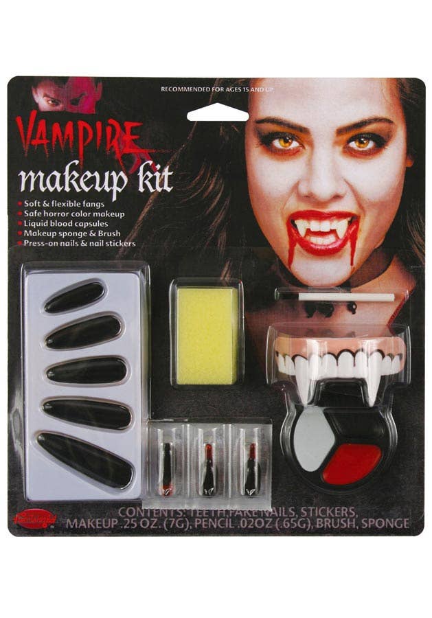 Vampiress Costume Makeup Kit with Fangs, Blood Capsules and Fake Black Nails
