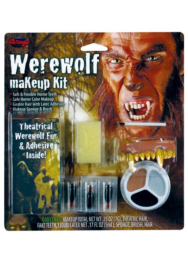 Werewolf Costume Makeup Kit with Fake Teeth, Blood Capsules, Faux Fur and Adhesive