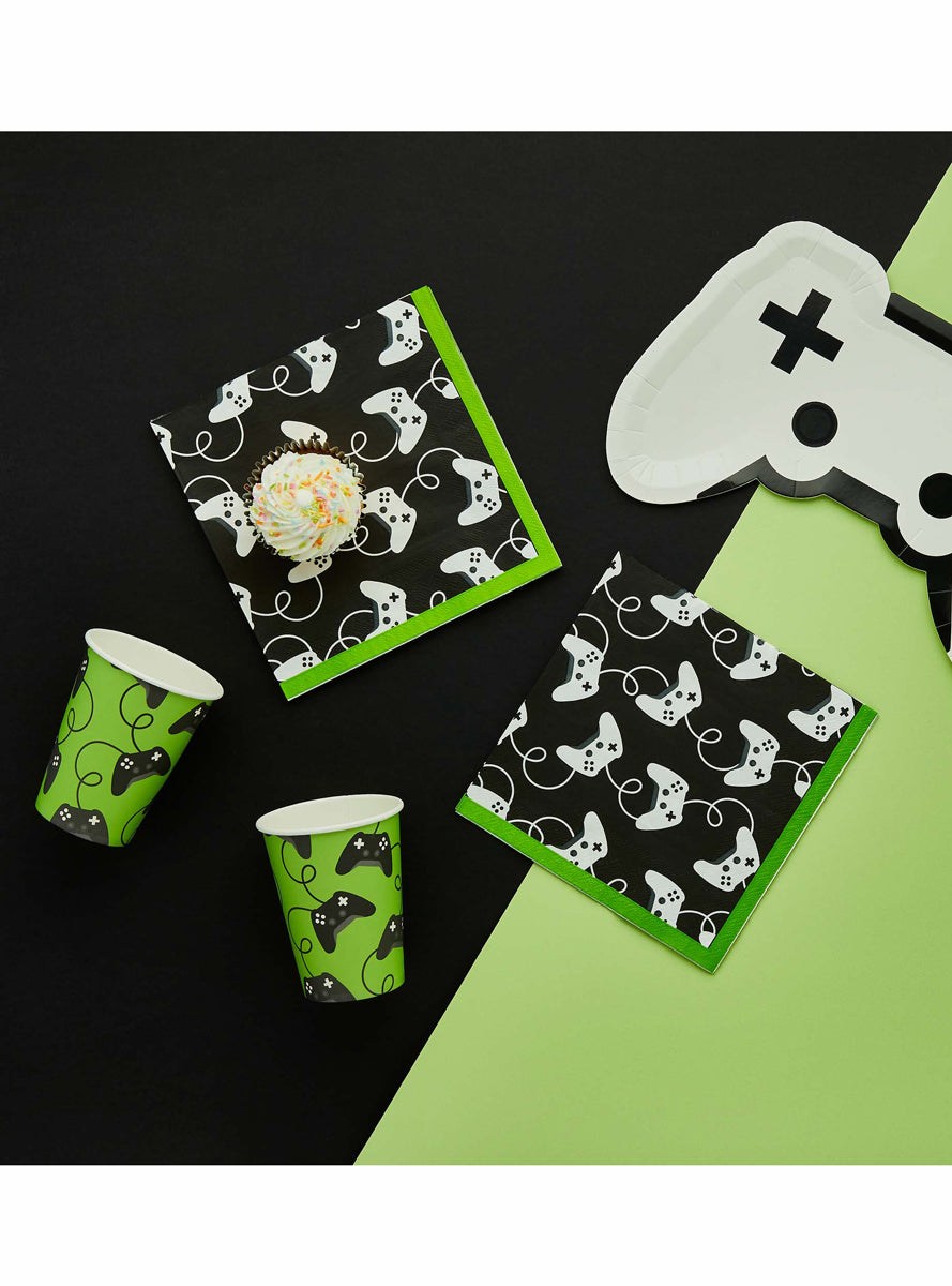 Game On 16 Pack Controller Print Green and Black Lunch Napkins - Lifestyle Image 1