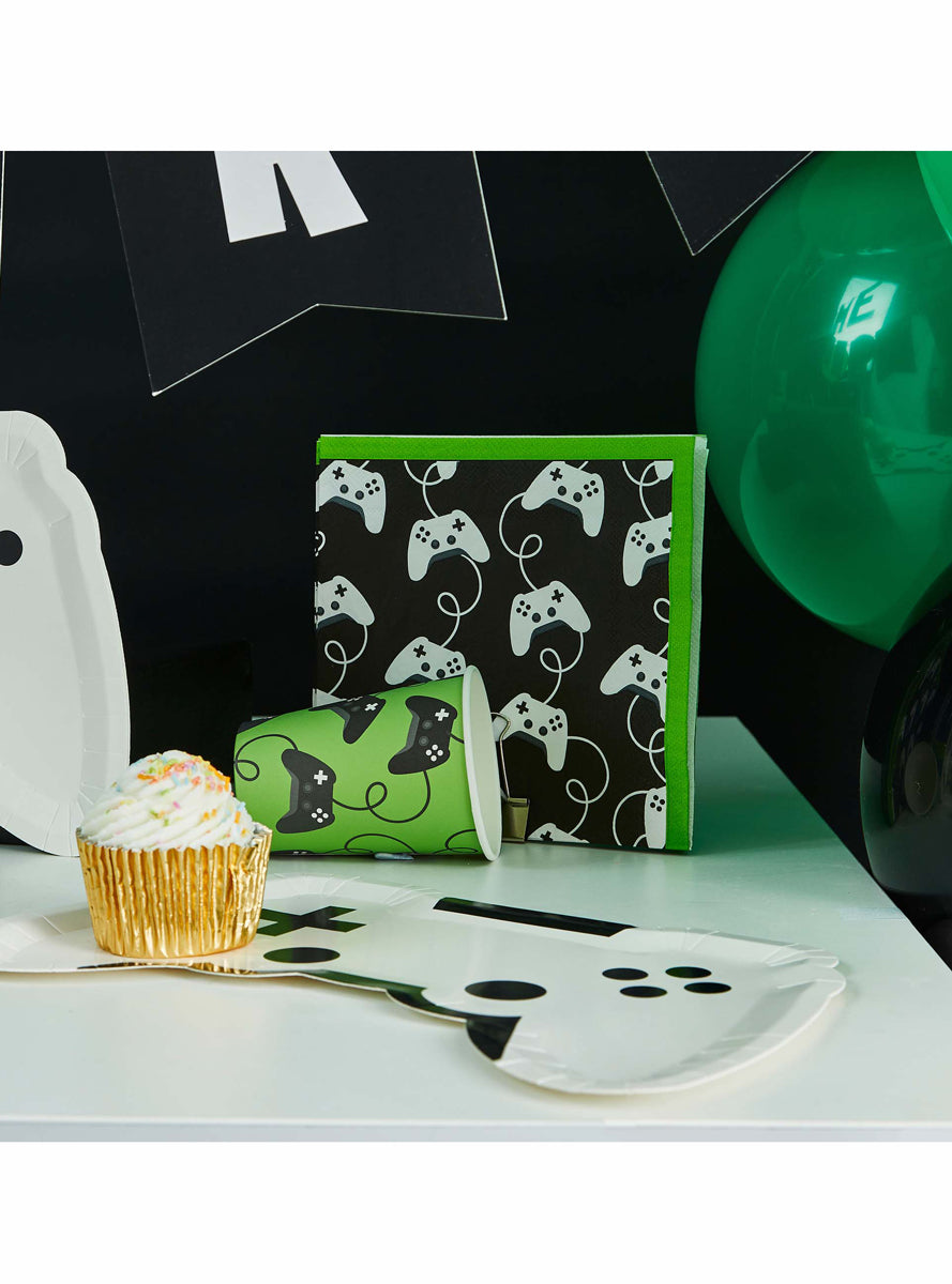 Game On 16 Pack Controller Print Green and Black Lunch Napkins - Lifestyle Image 2