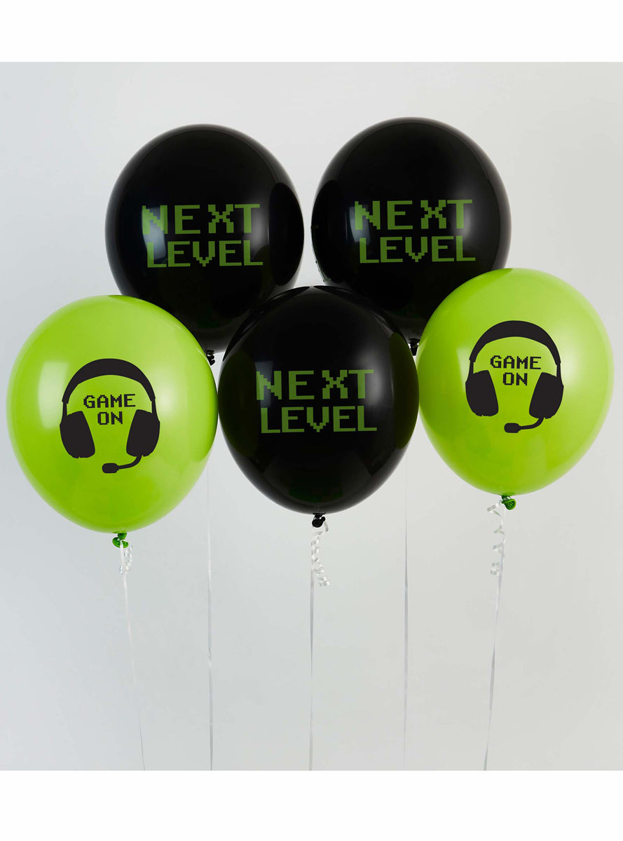 Game On 5 Pack Black and Green 30cm Latex Balloons - Lifestyle Image