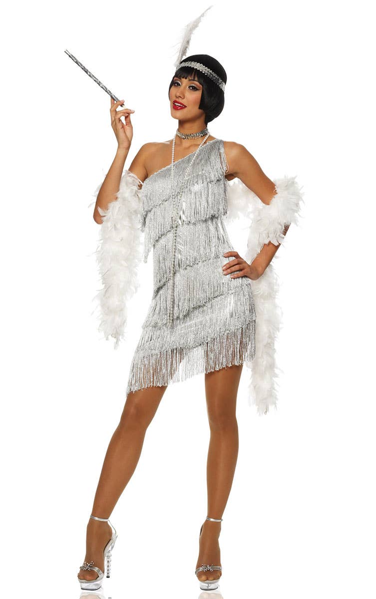 Metallic Silver Women's Gatsby Flapper Fancy Dress Front View