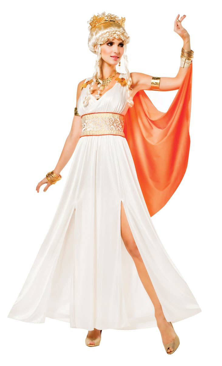 Women's White And Orange Greek Goddess Athena Fancy Dress Costume Main Image