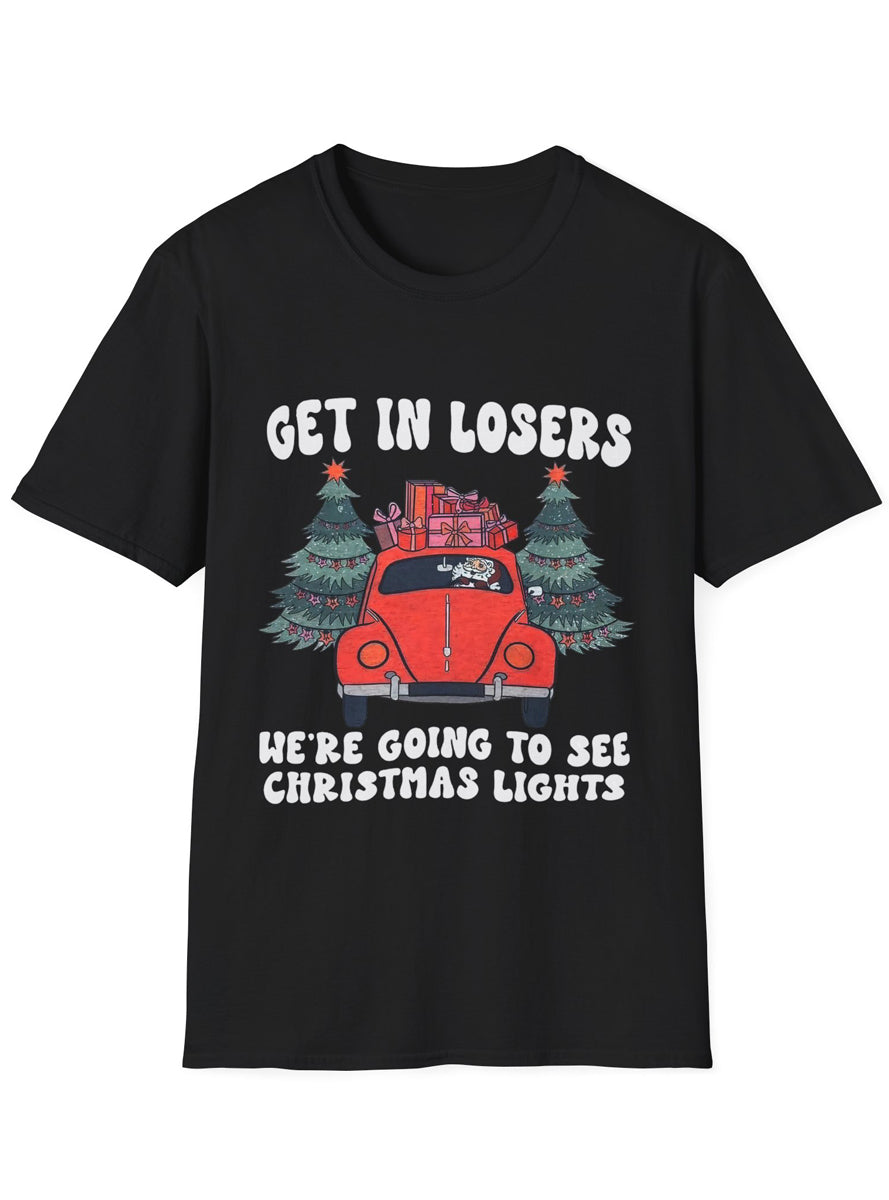 Black Adults Christmas T-Shirt with Get In Losers Print