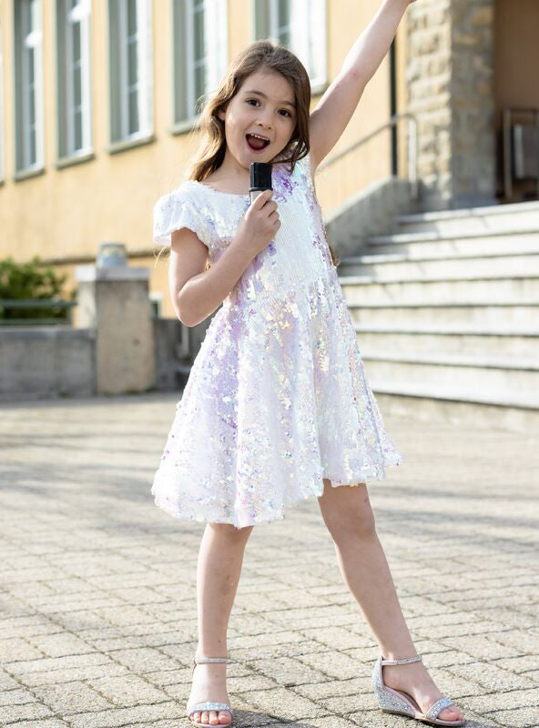 Girls Iridescent Sequin Dress - Lifestyle Image 1