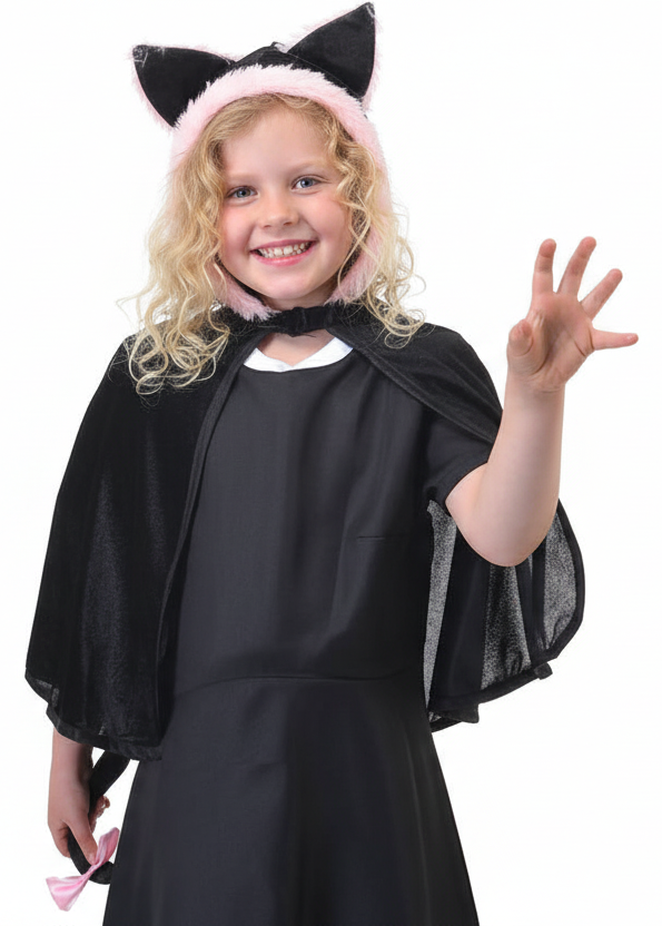 Kitty Cat Girl's Hooded Black Velvet Costume Cape - Main Image