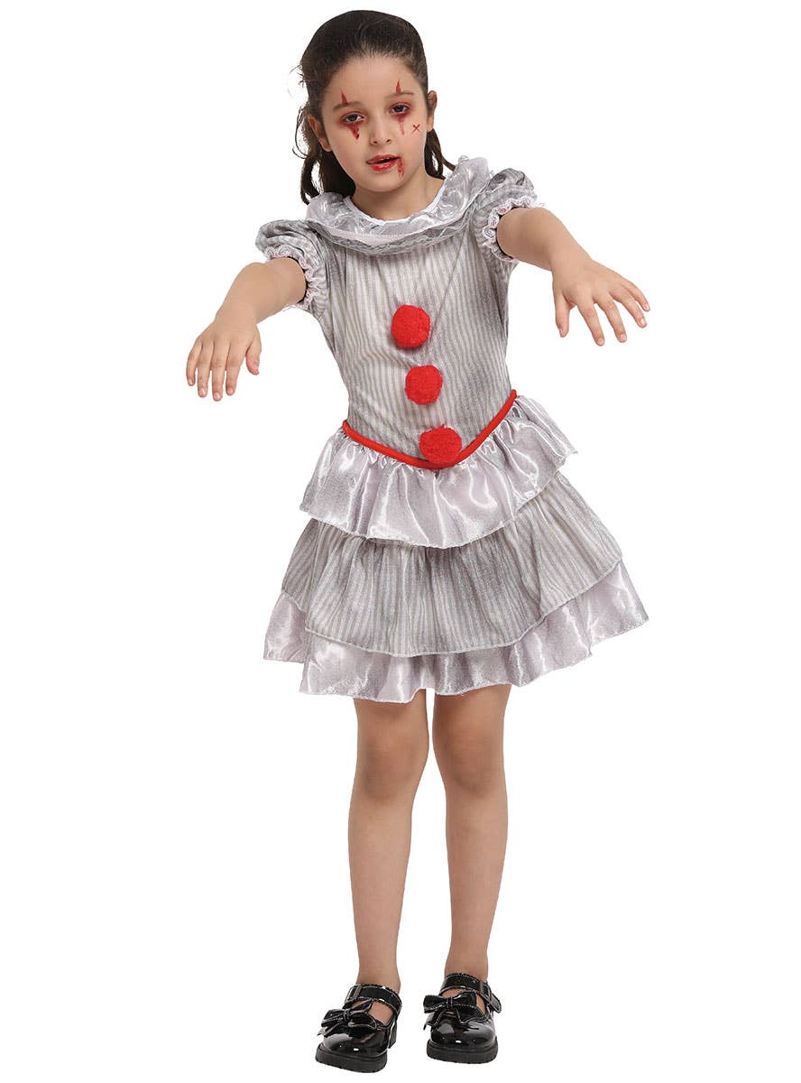 Image of Evil Grey Clown Girls Halloween Costume - Alternate Image