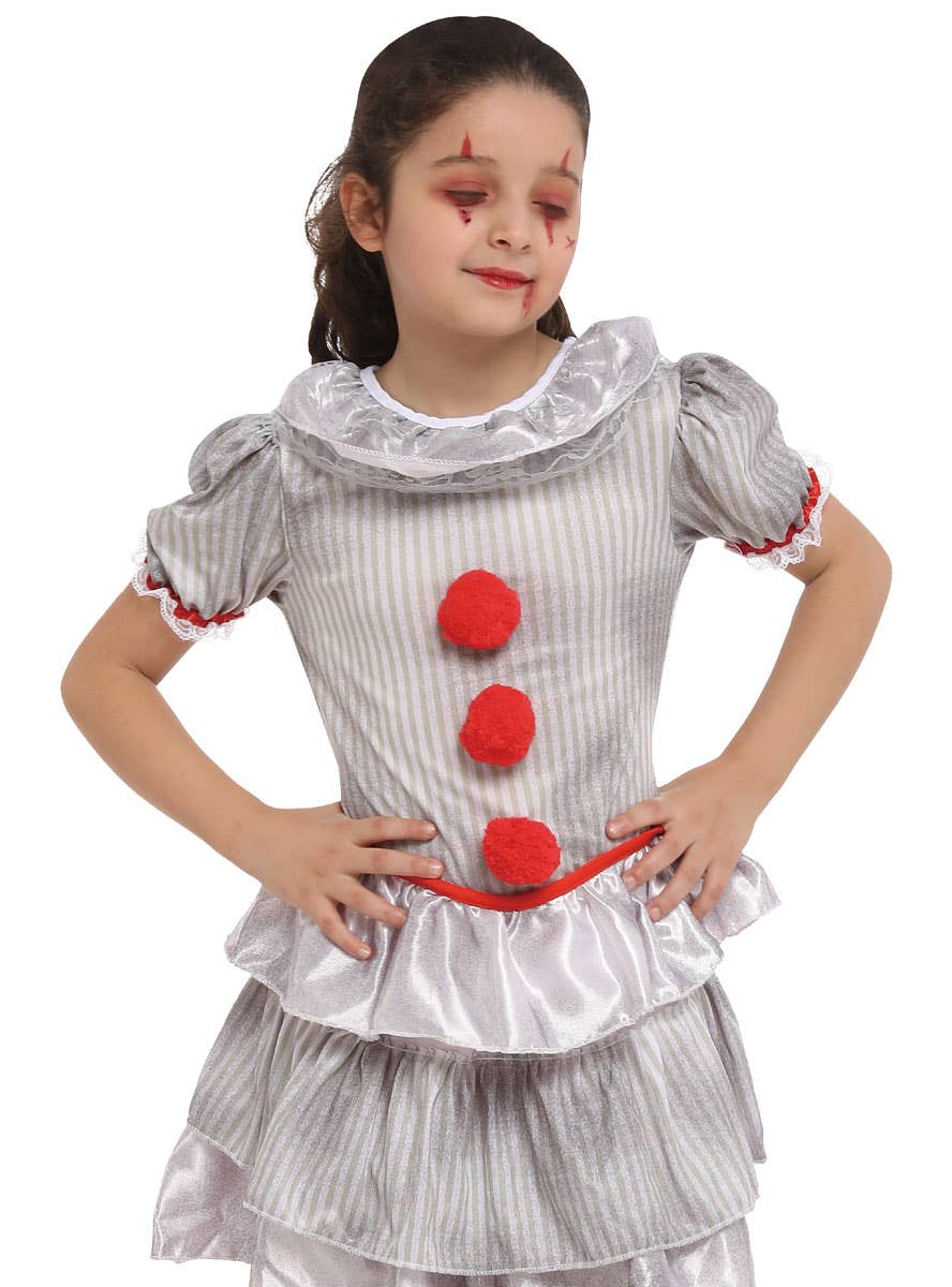 Image of Evil Grey Clown Girls Halloween Costume - Close Image