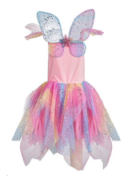 Girls Rainbow Fairy Costume With Wings Large - Back Image