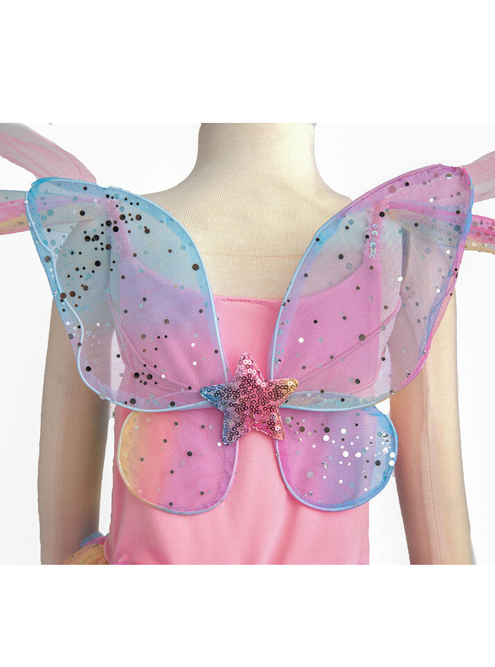 Girls Rainbow Fairy Costume With Wings Large - Close Image