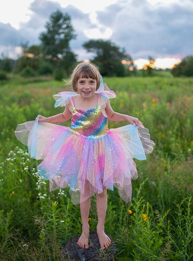 Girls Rainbow Fairy Costume With Wings Large - Lifestyle Image 1