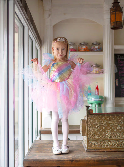 Girls Rainbow Fairy Costume With Wings Large - Lifestyle Image 5