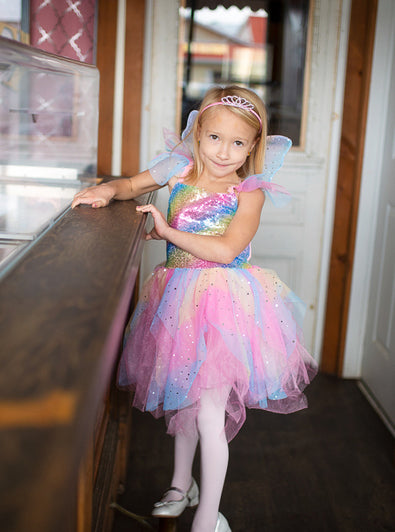 Girls Rainbow Fairy Costume With Wings Large - Lifestyle Image 6