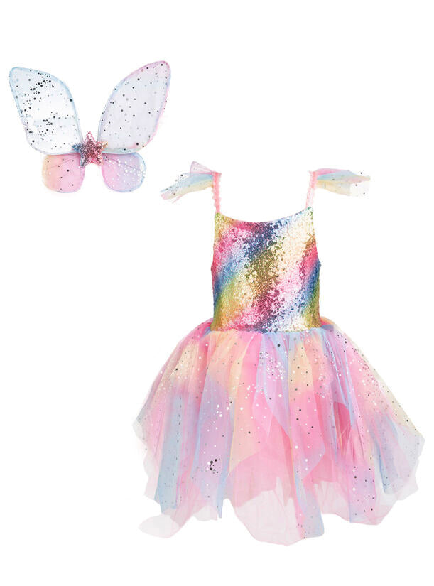 Girls Rainbow Fairy Costume With Wings Large - Main Image
