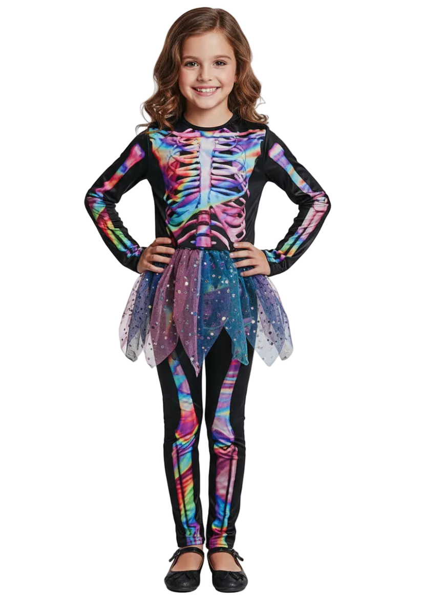 Image of Scary Rainbow Skeleton Girl's Tutu Halloween Costume - main image