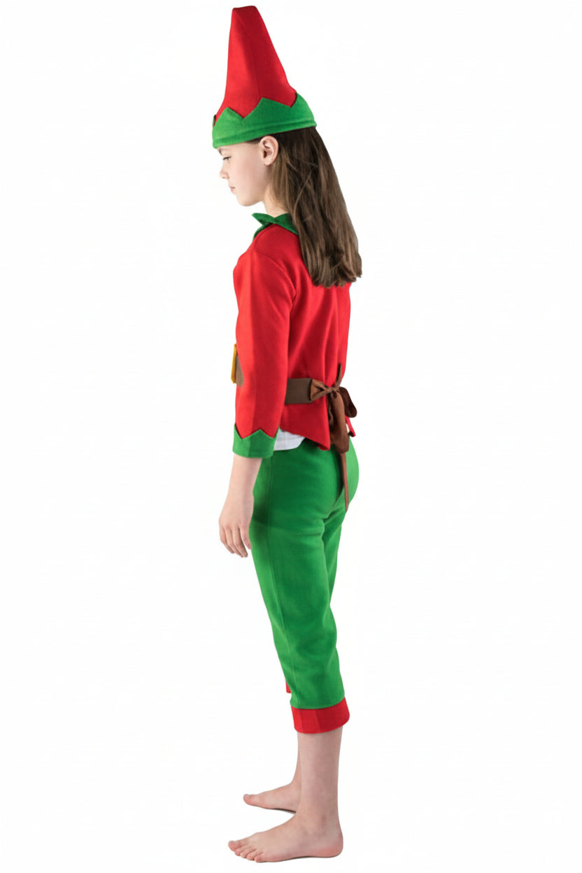 Girls Red And Green Christmas Elf Costume Side Image