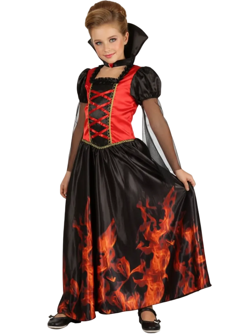 Girls Red and Black Flame Print Vampiress Halloween Costume - Main Image
