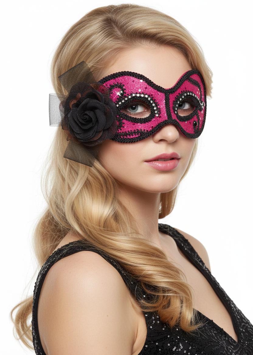 Hot Pink and Black Glittering Masquerade Mask - main image