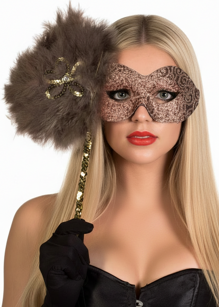 Hand Held Caramel Brown Glitter Swirl Masquerade Mask - Main Image