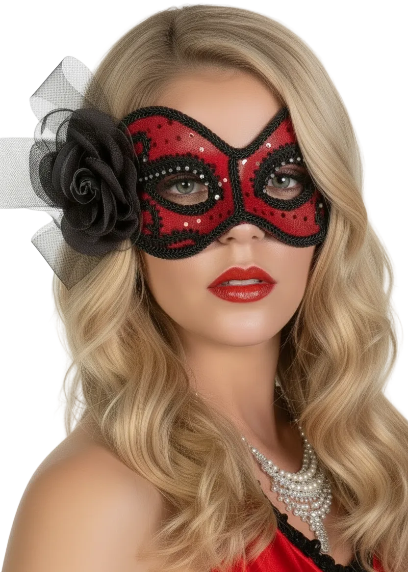 Red and Black Glittering Rose Masquerade Mask -main image
