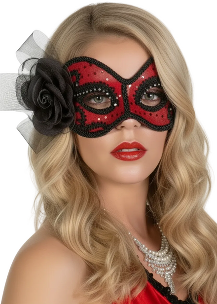 Red and Black Glittering Rose Masquerade Mask -main image