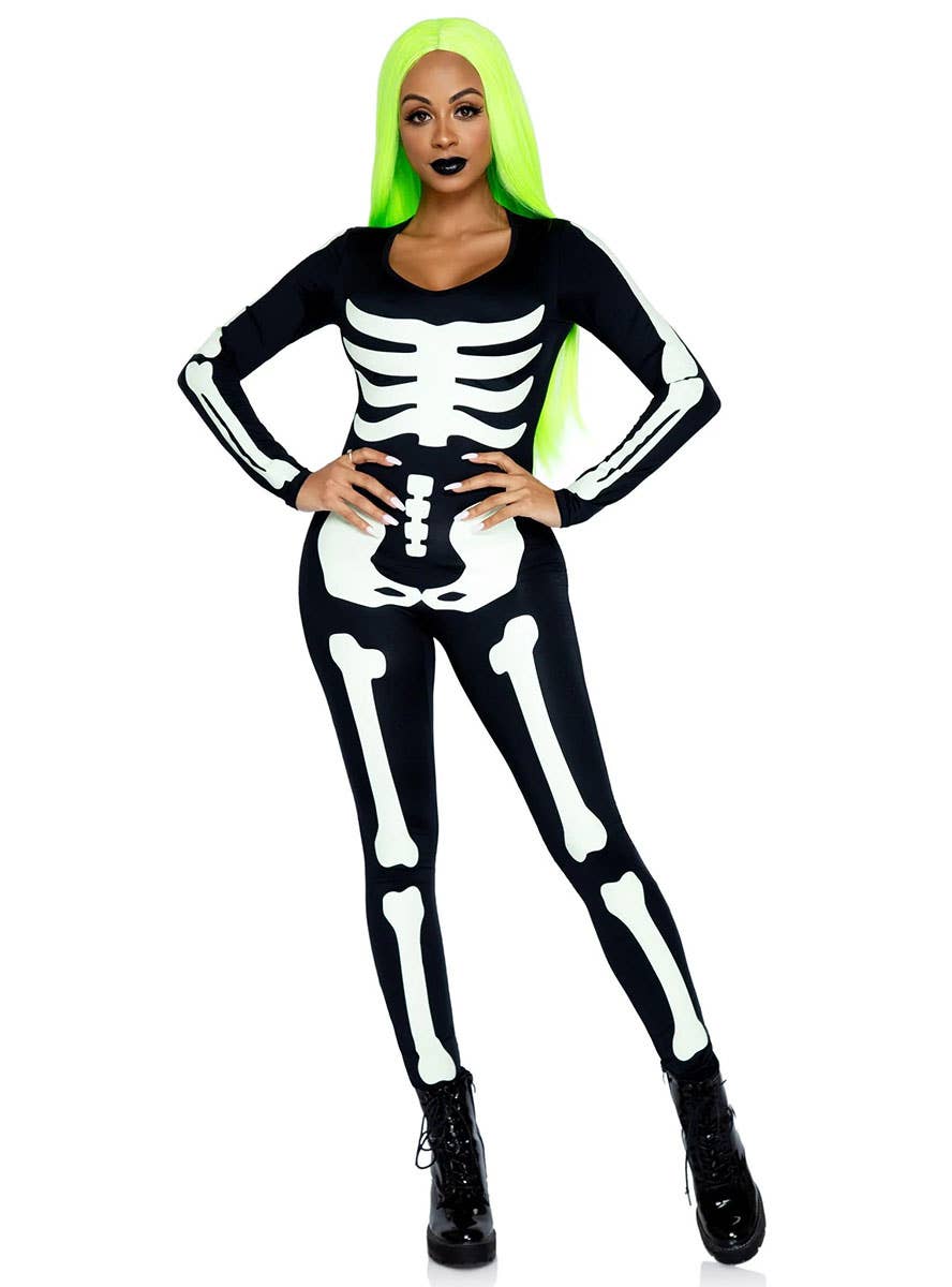 Women's Sexy Skeleton Jumpsuit Costume Front Image
