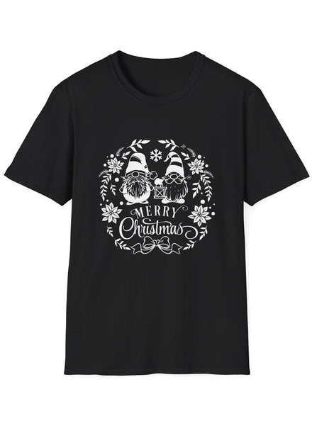 Adults Black Christmas T-Shirt with Gnome Wreath Print